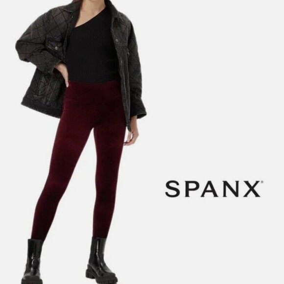 Spanx Shiny Velvet Rich Burgundy High Waisted Leggings-Size